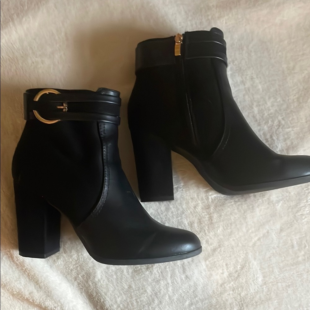 Chic Black Ankle Boots with Gold Buckle